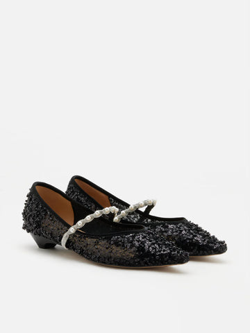 PAZZION, Jemima Embellished Mesh Pointed Toe Flats, Black